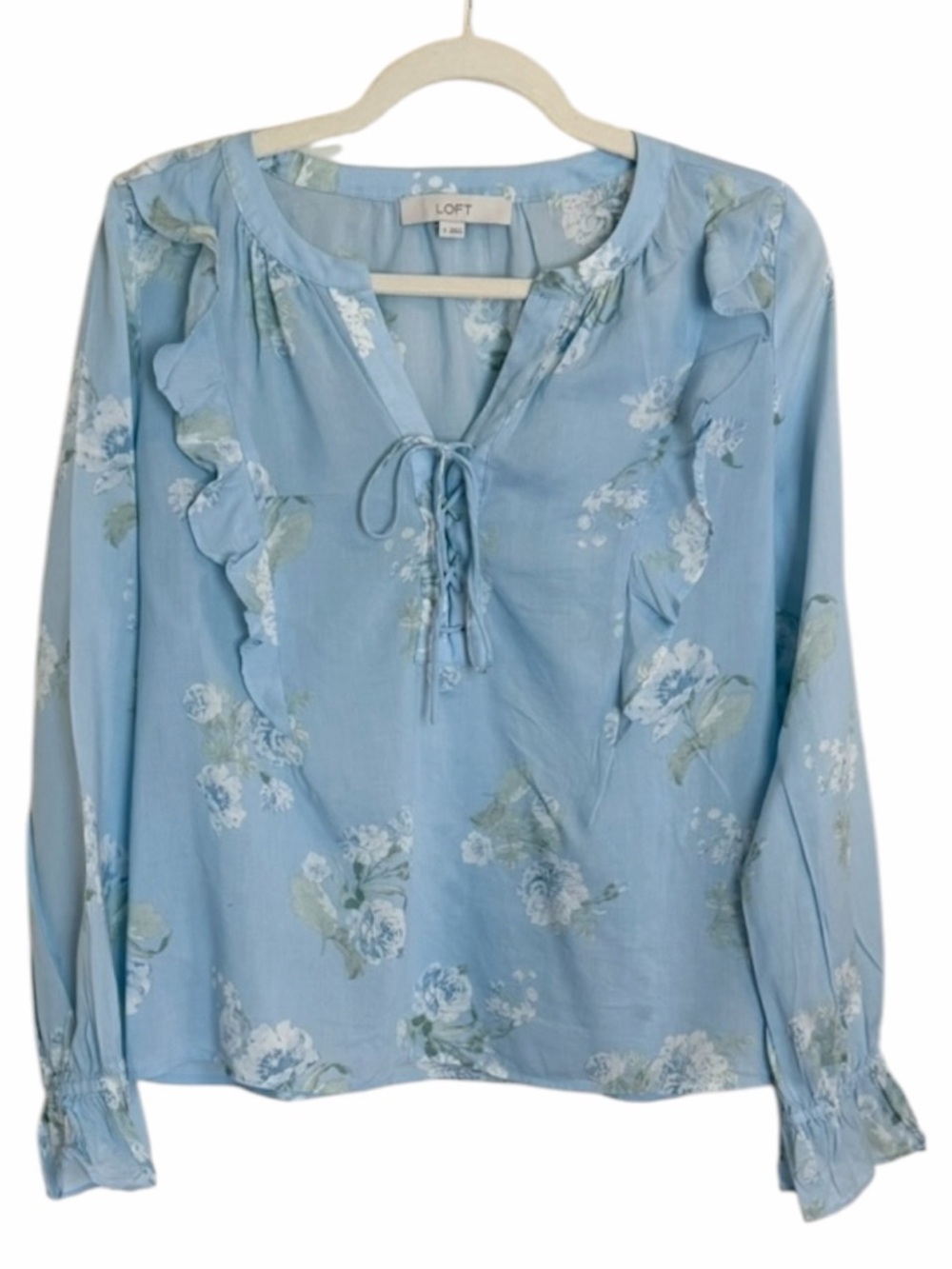 LOFT Pale Blue Floral Ruffle Tie-Front Blouse.  Size Small